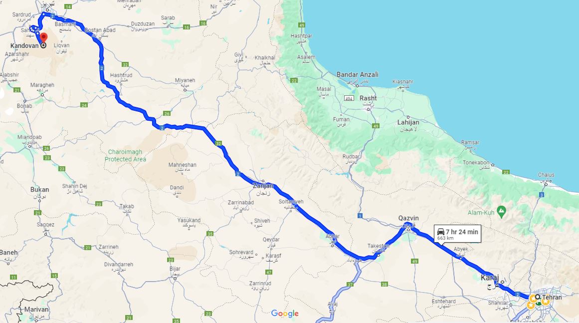 نقشه مسیر تهران کنداو- سفر با تیمار آفرود